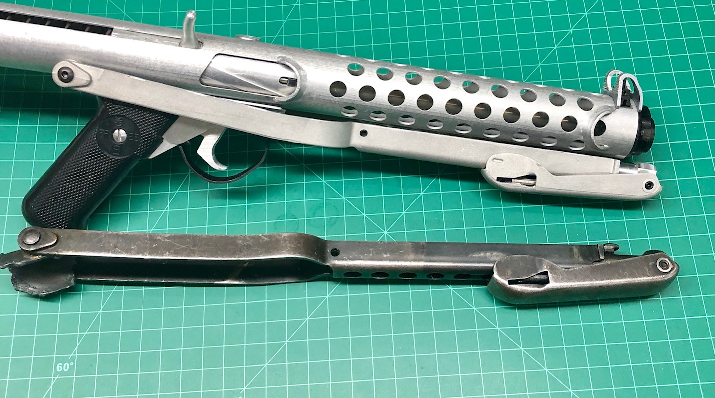 IMG_0753This product replicated from a vintage sterling smg stock. Laser scanned aluminum casted parts and CNC machined to reproduce this assembly to perfection.. Light weight fully functional stock for variant builds .. Complex movement and latching all functional ..Condition is new as is. Perfect for replica E11 blaster builds. the real stock in the pictures for comparison ONLY NOT FOR SALE